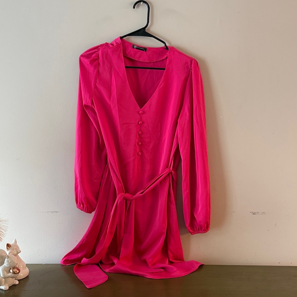 Women's Long Puff Sleeve Satin Dress V Neck Cocktail Party Belted dress (Medium) - Picture 3 of 5